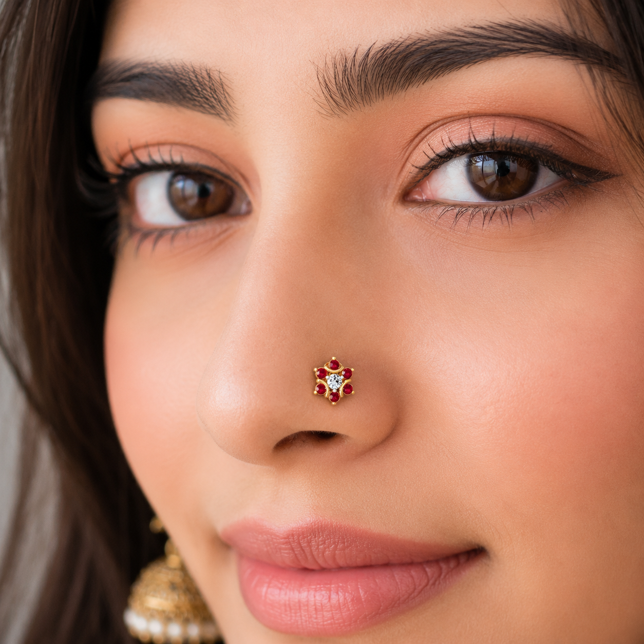 Red Ruby & White CZ Floral Nose Pin 925 Sterling Silver Yellow Plated