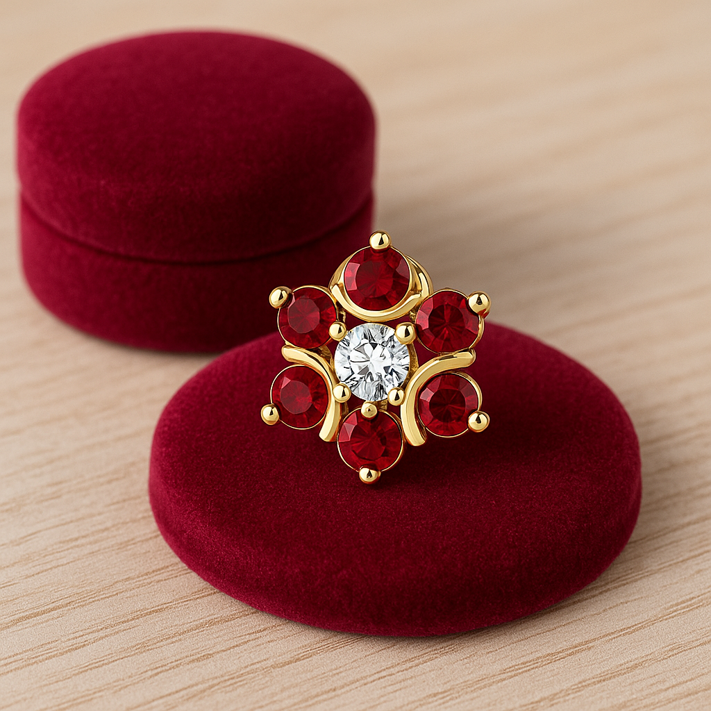 Red Ruby & White CZ Floral Nose Pin 925 Sterling Silver Yellow Plated