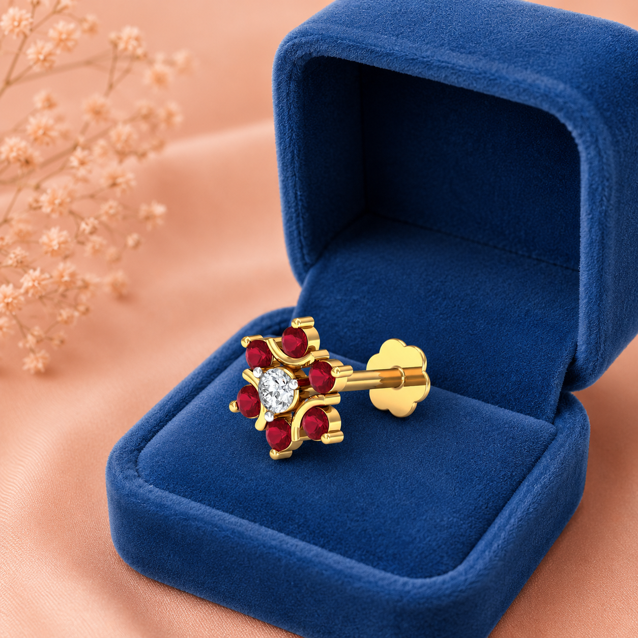 Red Ruby & White CZ Floral Nose Pin 925 Sterling Silver Yellow Plated