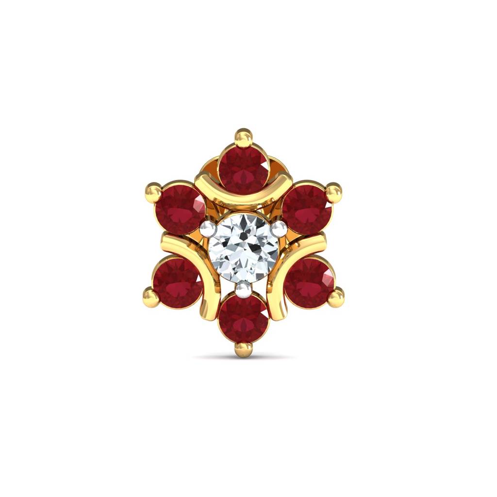 Red Ruby & White CZ Floral Nose Pin 925 Sterling Silver Yellow Plated
