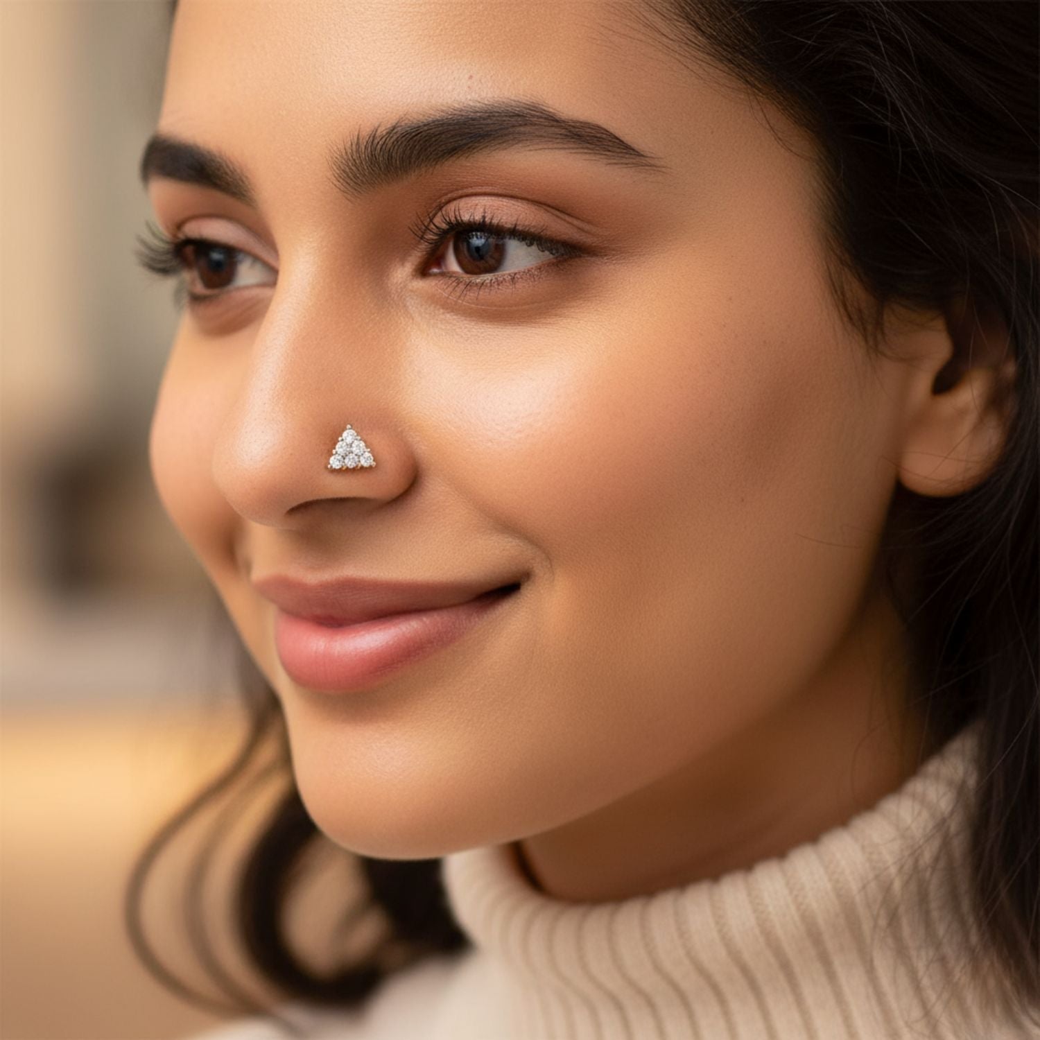 Triangle Cluster CZ Nose Pin 925 Sterling Silver Yellow Plated