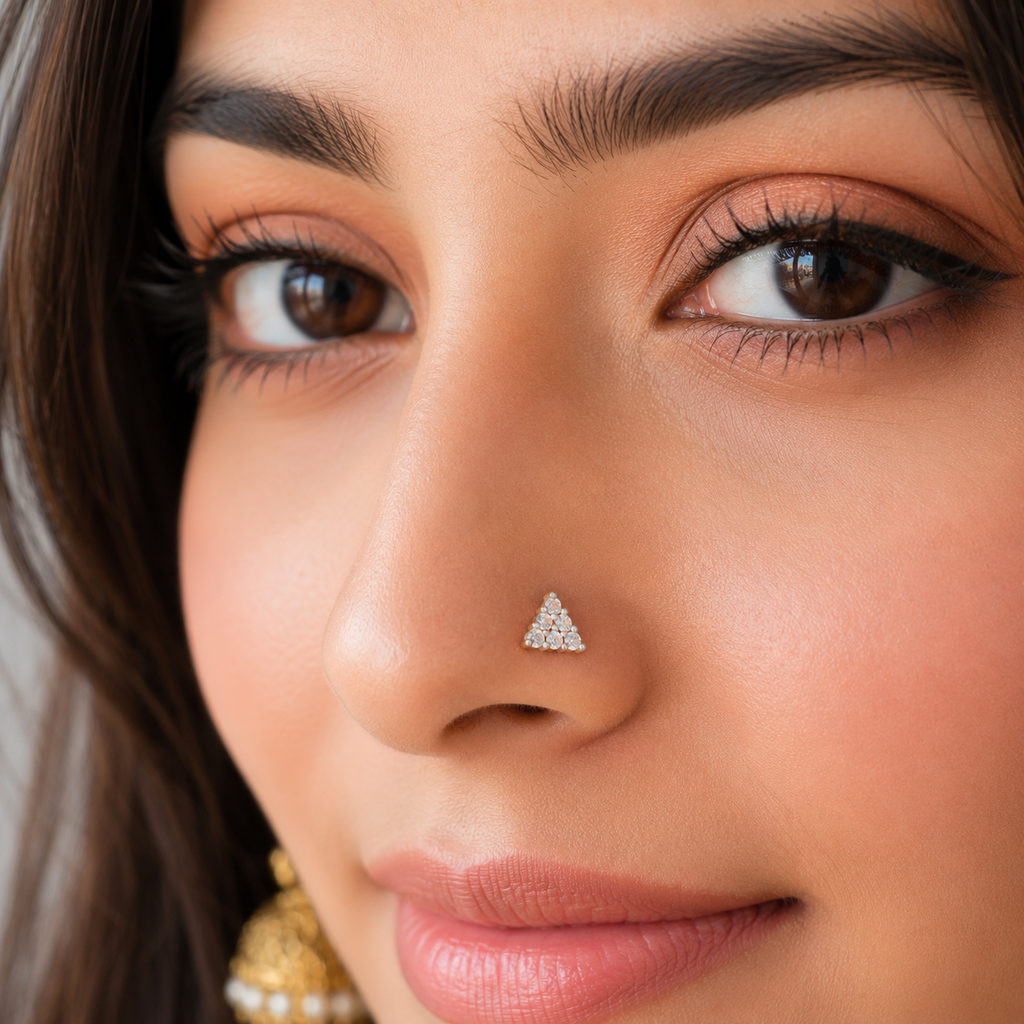 Triangle Cluster CZ Nose Pin 925 Sterling Silver Yellow Plated