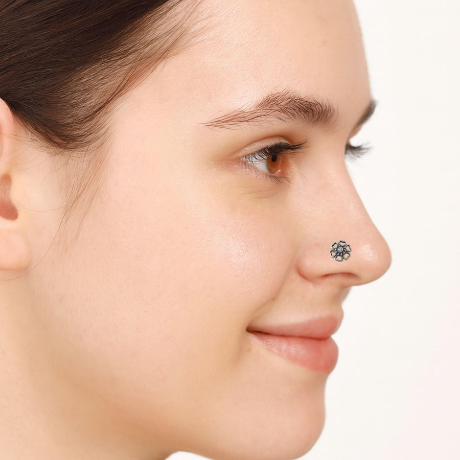 White CZ Oxidised Openwork Six-Petal Nose Pin – 925 Sterling Silver
