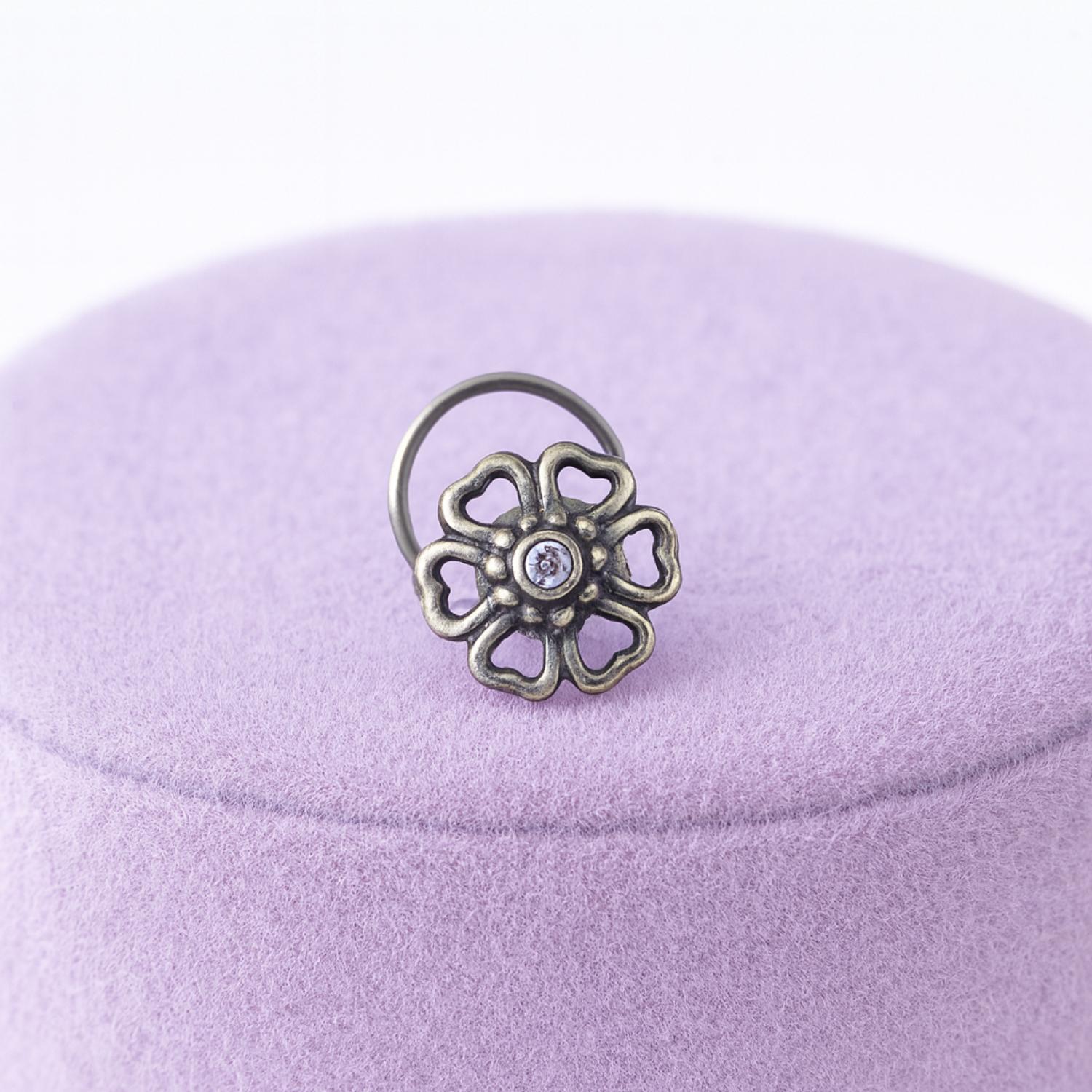 925 Sterling Silver White Cz Antique Openwork Floral Nose Pin