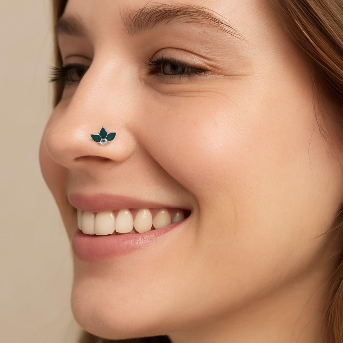 Green Enamel Lotus Nose Pin – 925 Sterling Silver