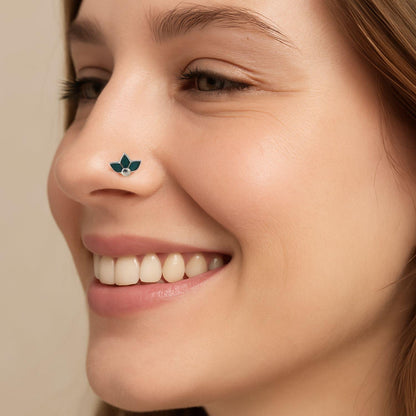 Green Enamel Lotus Nose Pin – 925 Sterling Silver