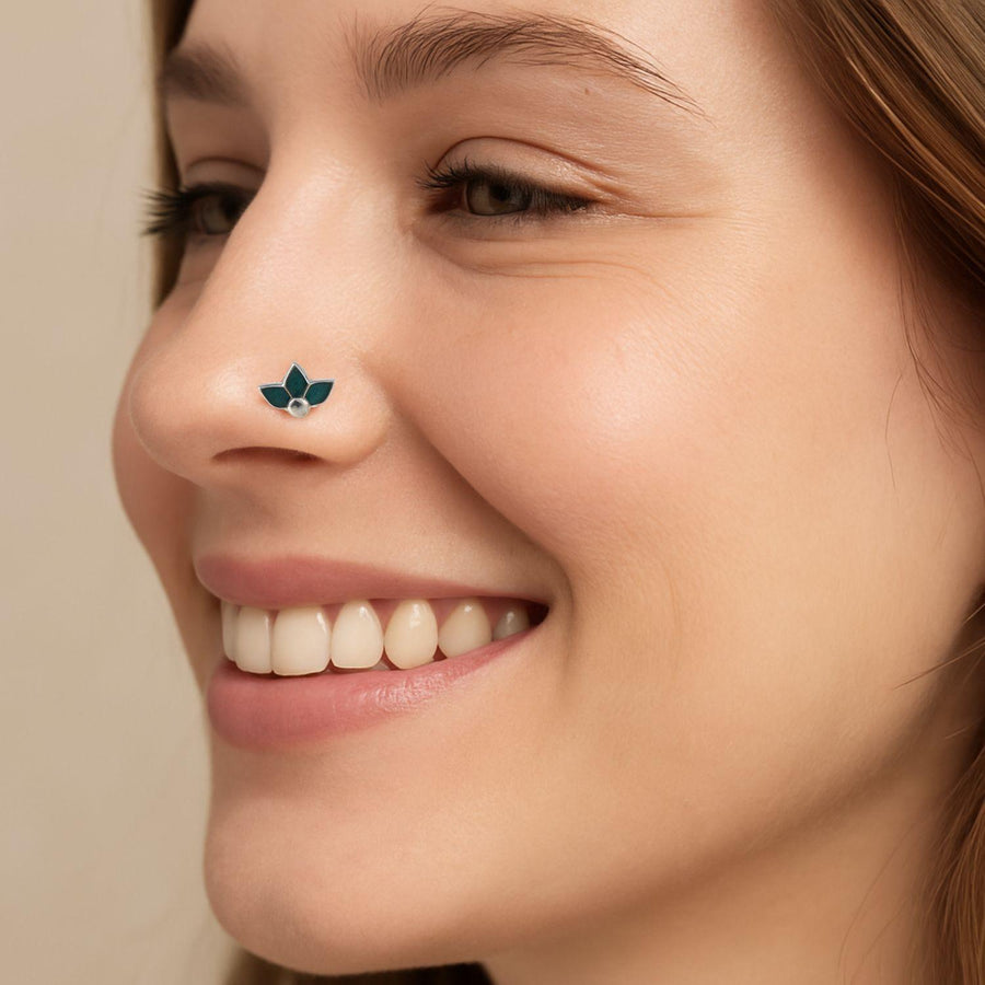 Green Enamel Lotus Nose Pin – 925 Sterling Silver