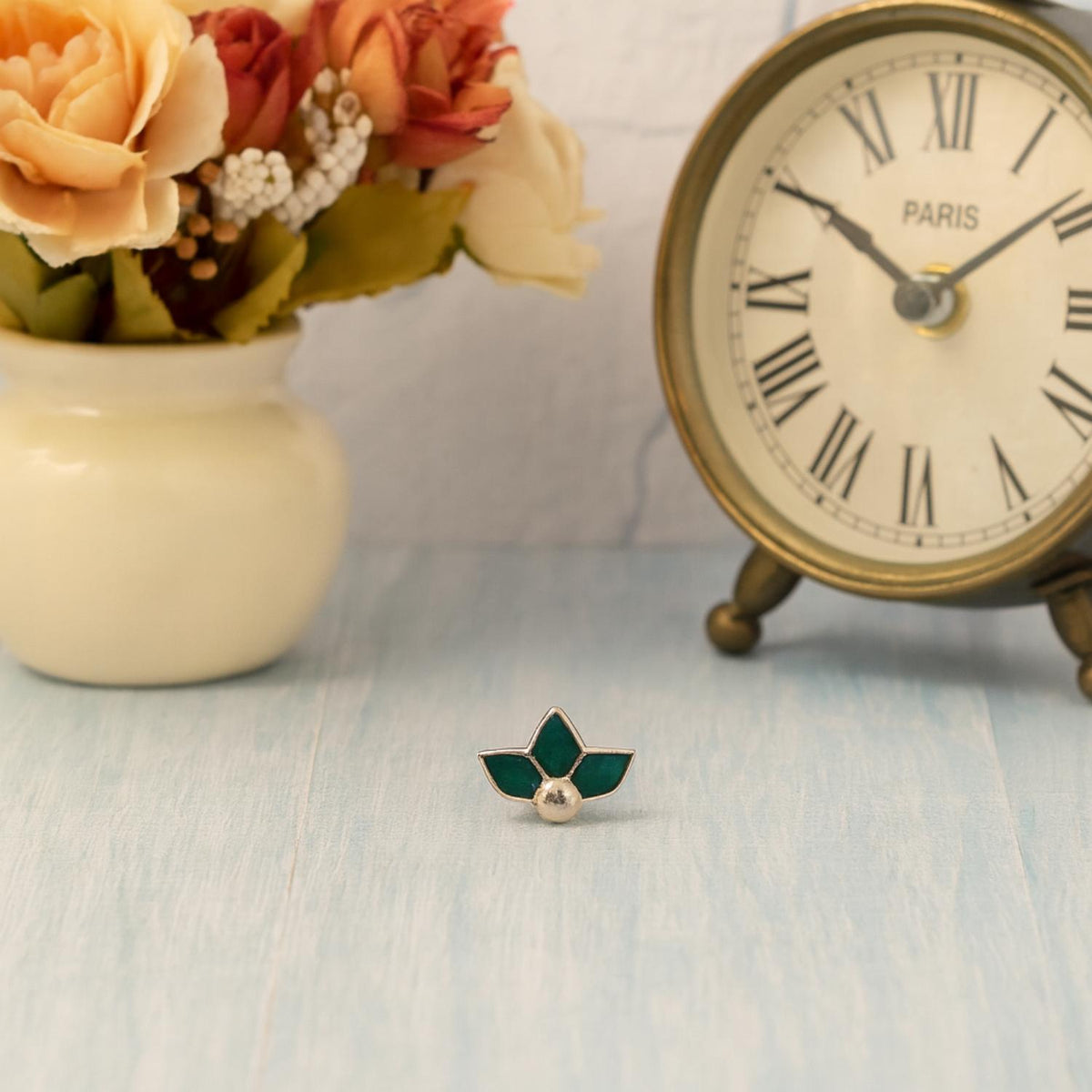 Green Enamel Lotus Nose Pin – 925 Sterling Silver