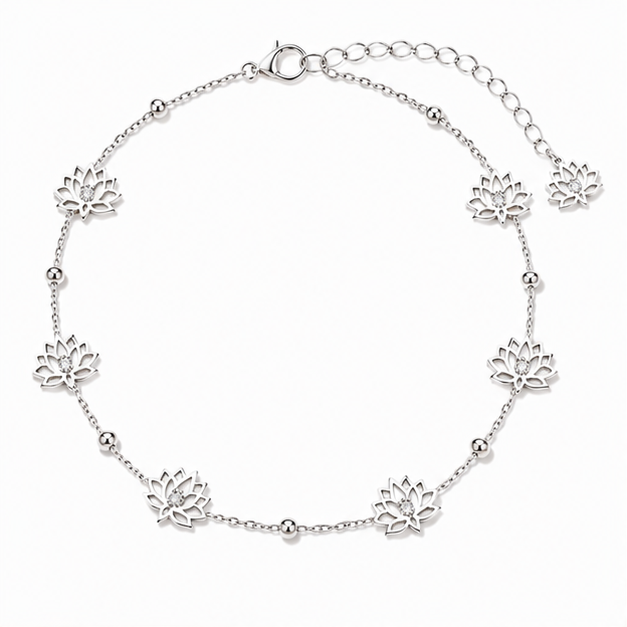 925 Sterling Silver Lotus Flower Anklet