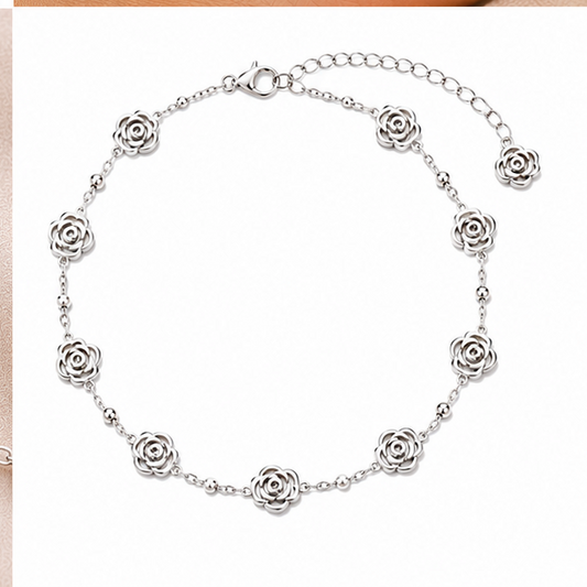 Rose Flower Chain Anklet – 925 Sterling Silver