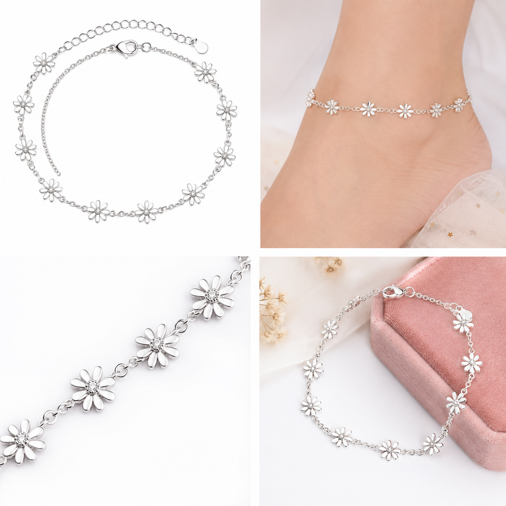 925 Sterling Silver Daisy Flower Chain Anklet