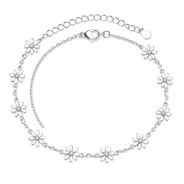 925 Sterling Silver Daisy Flower Chain Anklet