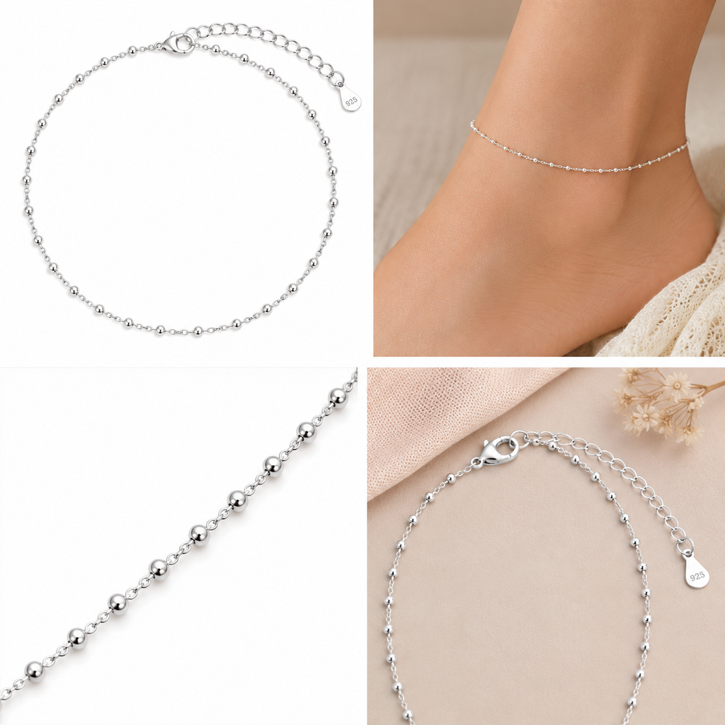925 Sterling Silver Beaded Chain Anklet