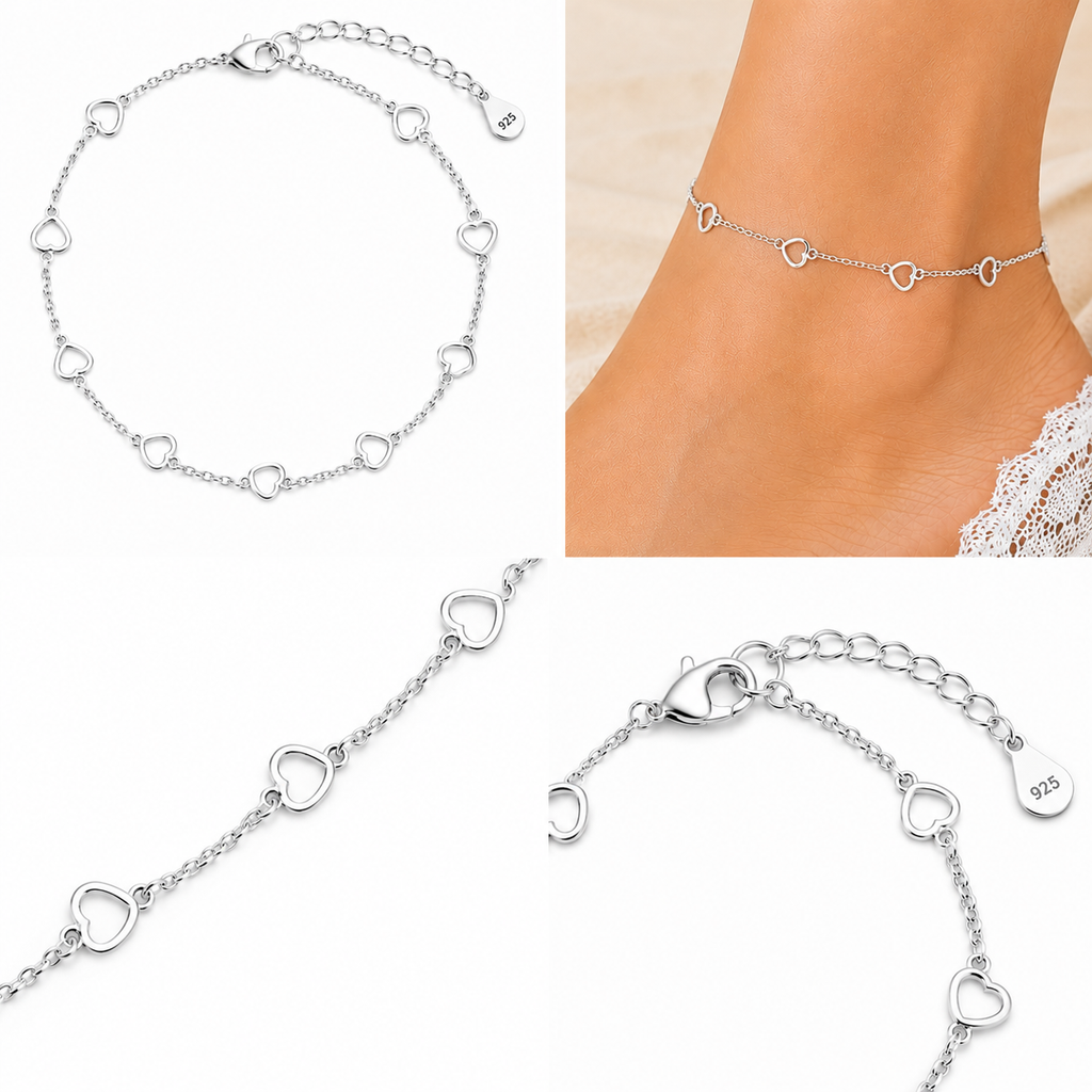925 Sterling Silver Open Heart Link Anklet