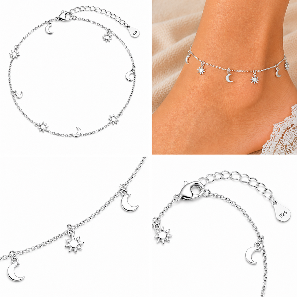 925 Sterling Silver Moon & Star Charm Anklet