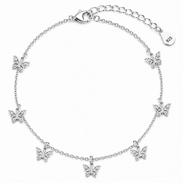925 Sterling Silver Butterfly Charm Anklet