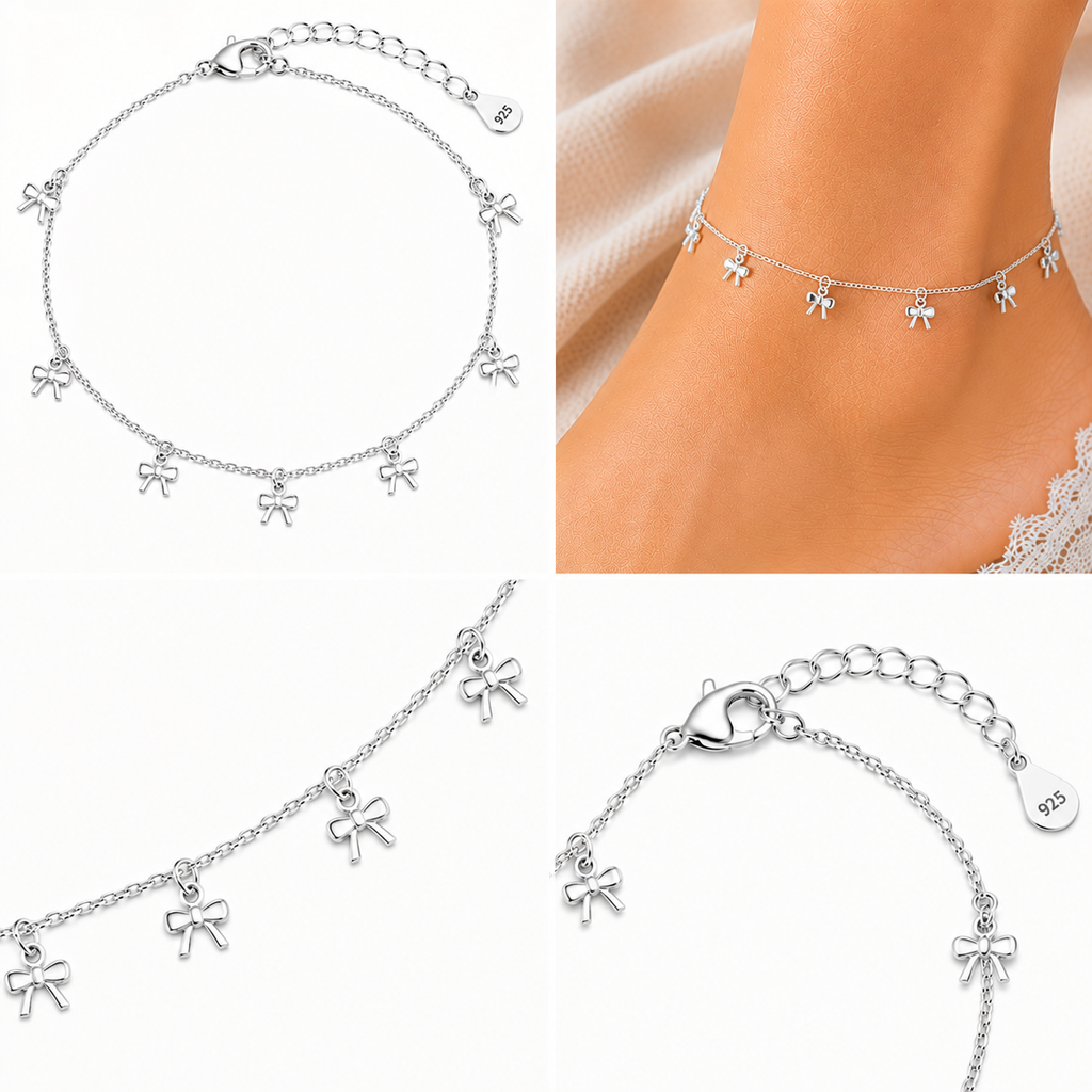925 Sterling Silver Bow Charm Anklet