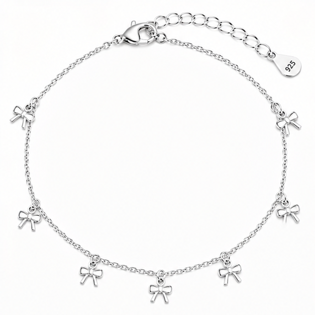 925 Sterling Silver Bow Charm Anklet