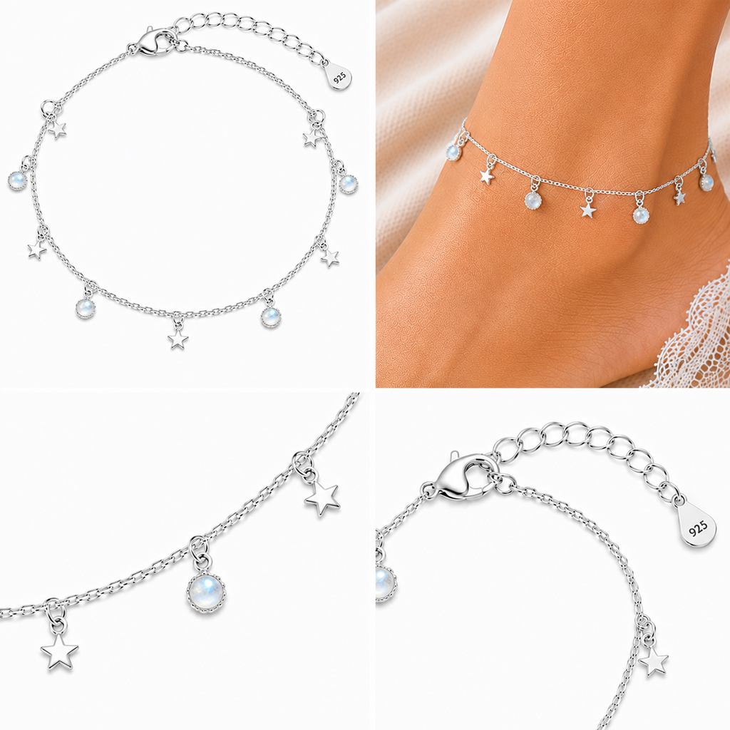 925 Sterling Silver Star & Pearl Charm Anklet