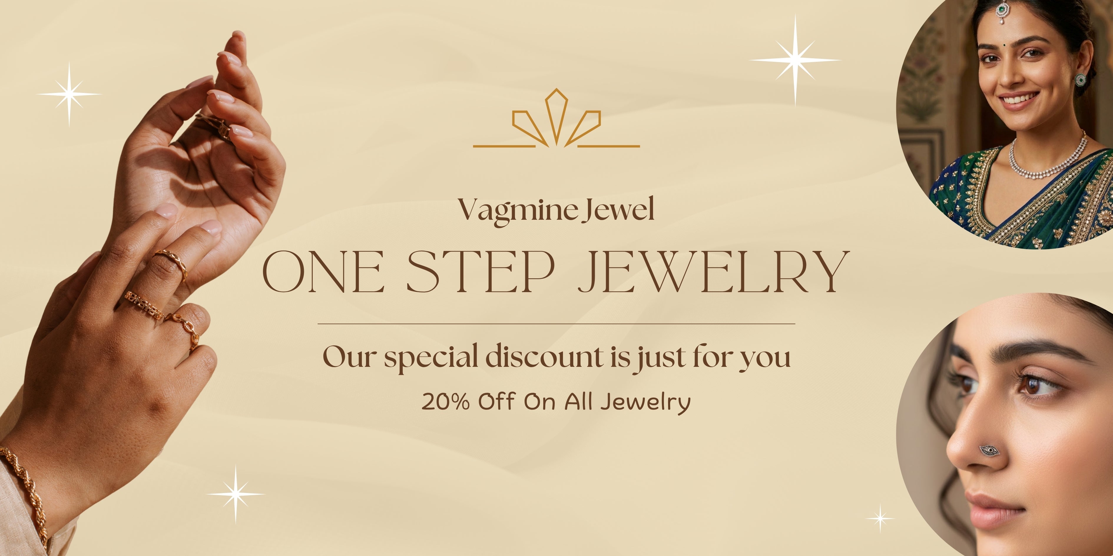 Advertisement for Vagmine Jewel jewelry with promotional text and images of jewelry on hands and a woman.