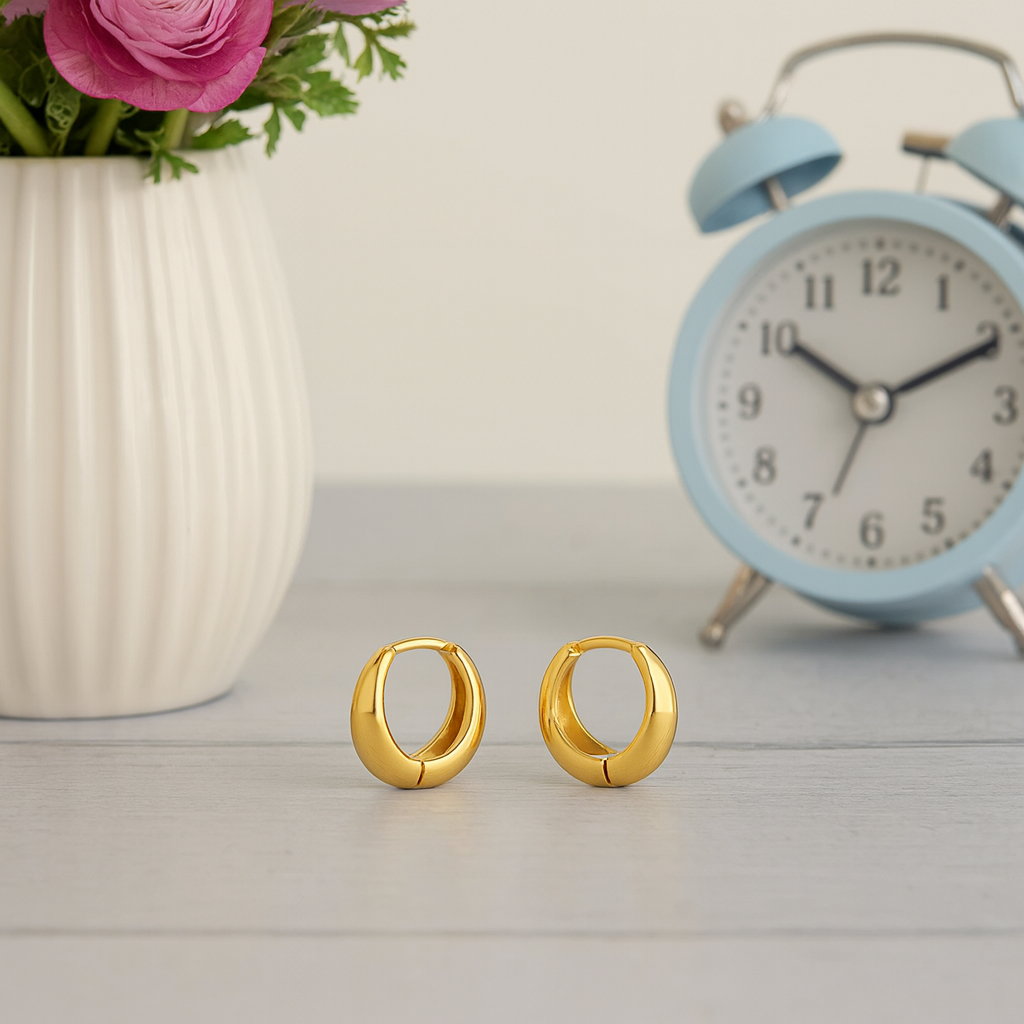 Small Chunky Round Gold Huggie Hoop Earrings 925 Sterling Silver Yellow