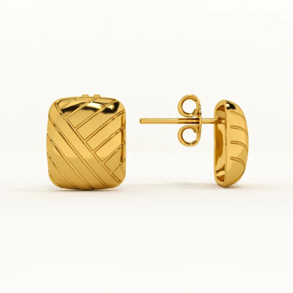 Geometric Square Pattern Stud Earrings 925 Sterling Silver Yellow Plated