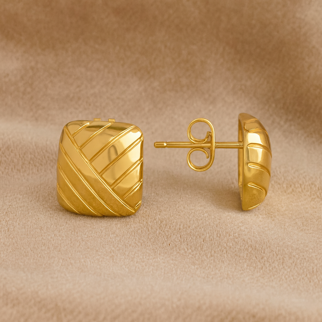 Geometric Square Pattern Stud Earrings 925 Sterling Silver Yellow Plated