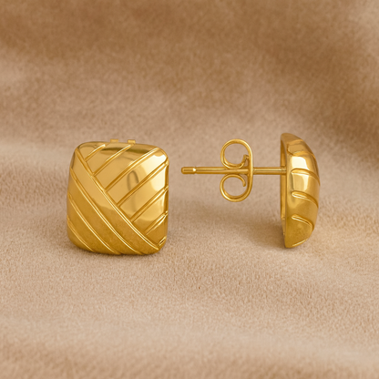 Geometric Square Line Pattern Stud Earrings – 925 Sterling Silver