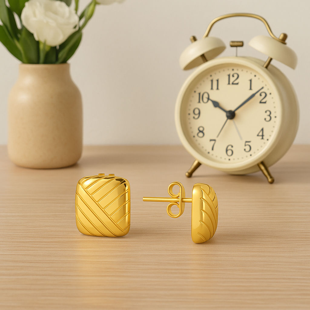 Geometric Square Pattern Stud Earrings 925 Sterling Silver Yellow Plated