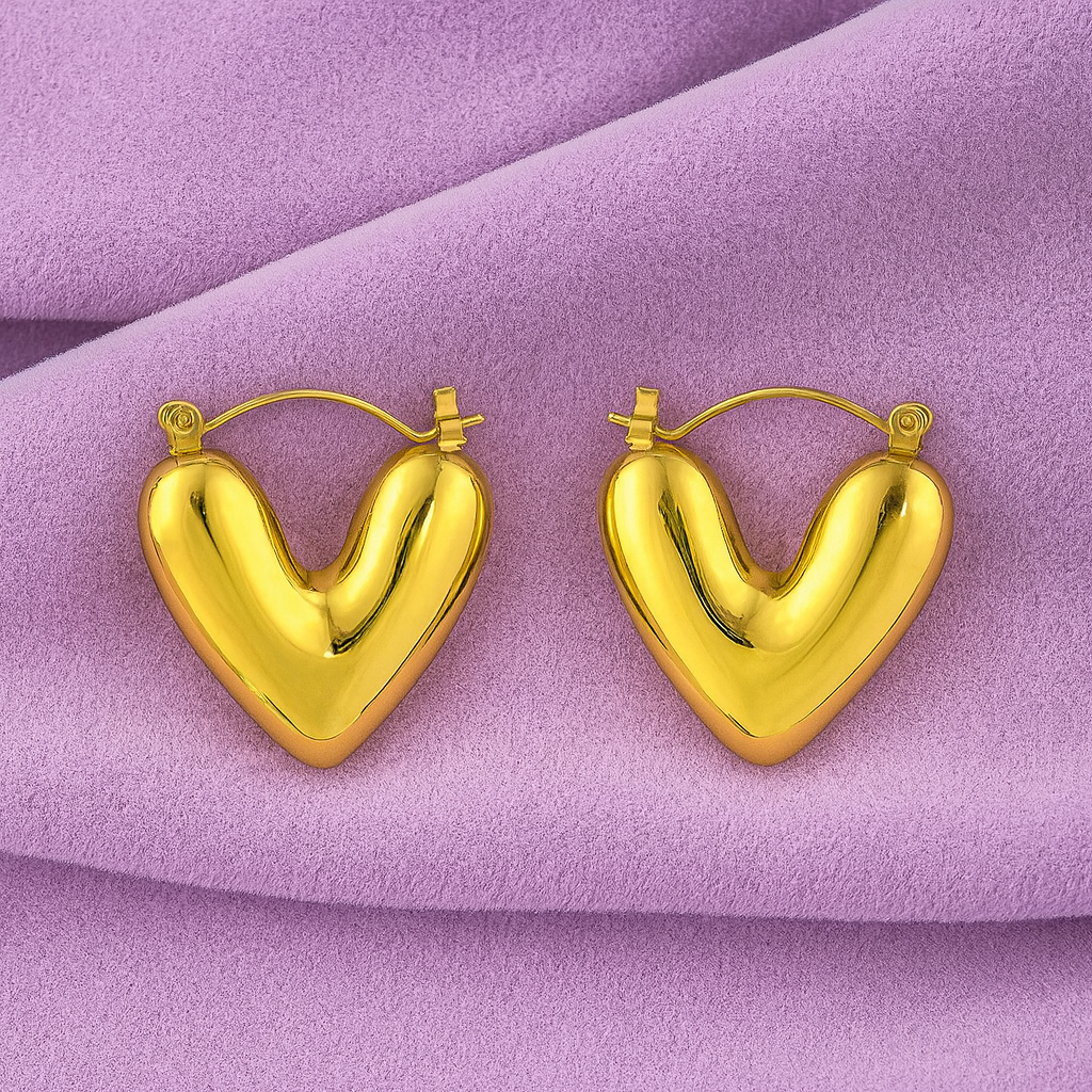 Puffy Heart Hoop Earrings 925 Sterling Silver Yellow Plated