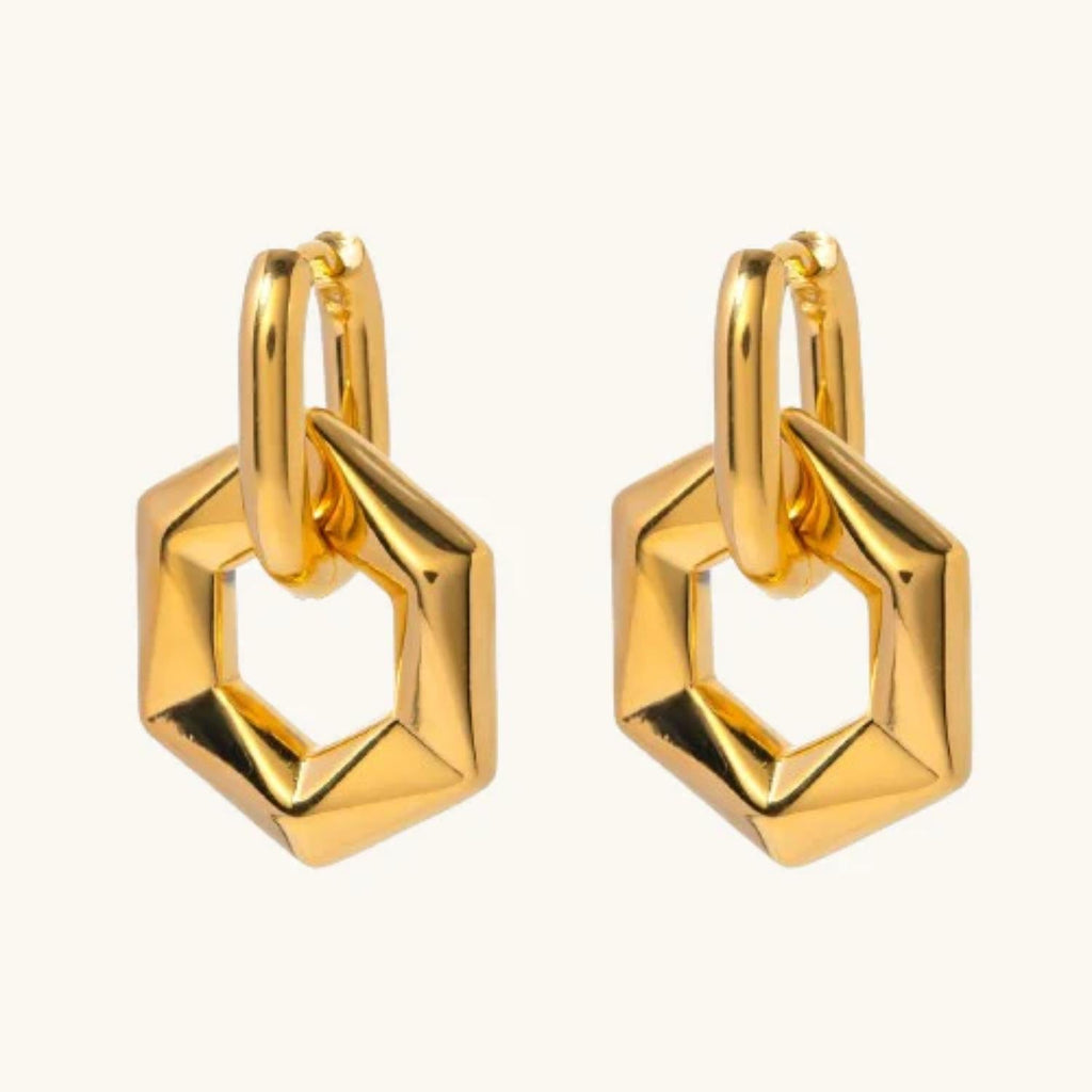 Geometric Hexagon Dangle Hoop Earrings 925 Sterling Silver Yellow Plated