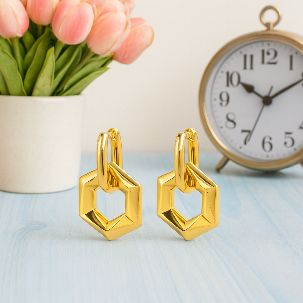 Geometric Hexagon Dangle Hoop Earrings – 925 Sterling Silver