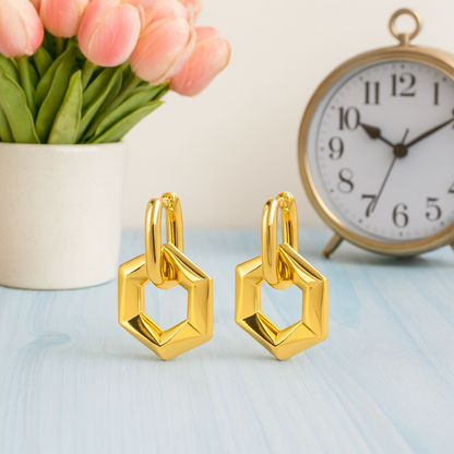 Geometric Hexagon Dangle Hoop Earrings – 925 Sterling Silver