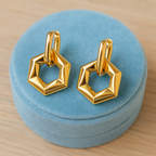Geometric Hexagon Dangle Hoop Earrings 925 Sterling Silver Yellow Plated