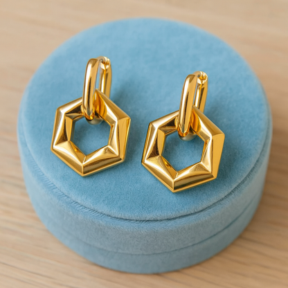 Geometric Hexagon Dangle Hoop Earrings – 925 Sterling Silver