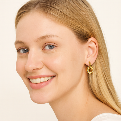 Geometric Hexagon Dangle Hoop Earrings – 925 Sterling Silver