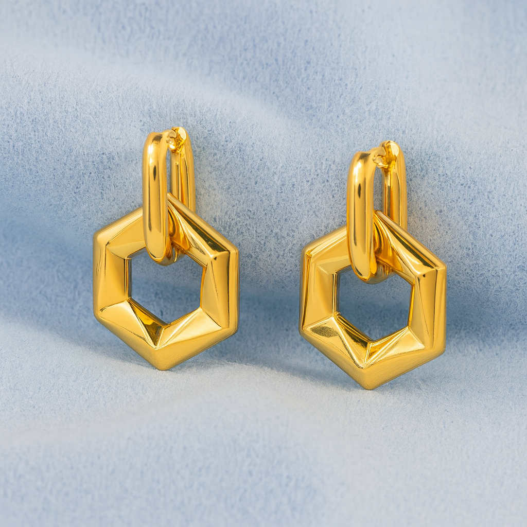 Geometric Hexagon Dangle Hoop Earrings – 925 Sterling Silver
