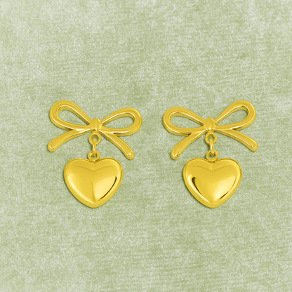 Bow Puffy Heart Drop Earrings – 925 Sterling Silver