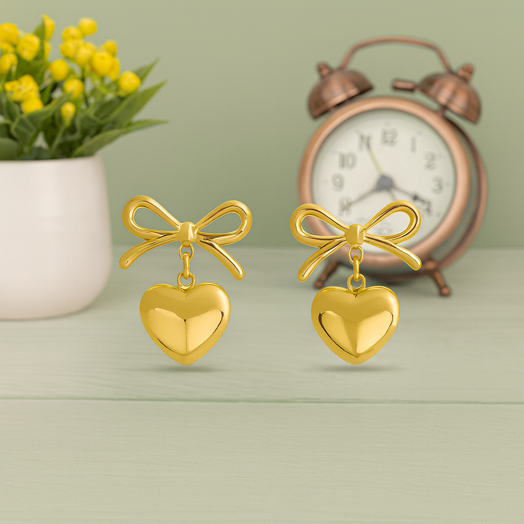 Bow Puffy Heart Drop Earrings – 925 Sterling Silver