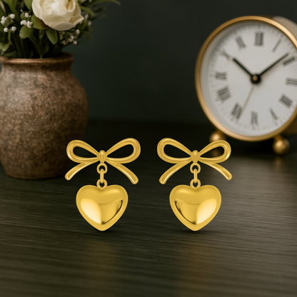 Bow Puffy Heart Drop Earrings – 925 Sterling Silver