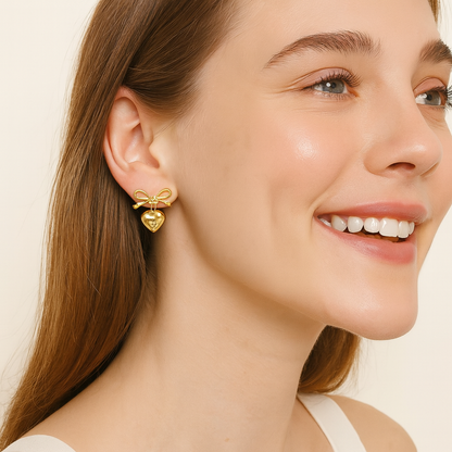 Bow Puffy Heart Drop Earrings – 925 Sterling Silver