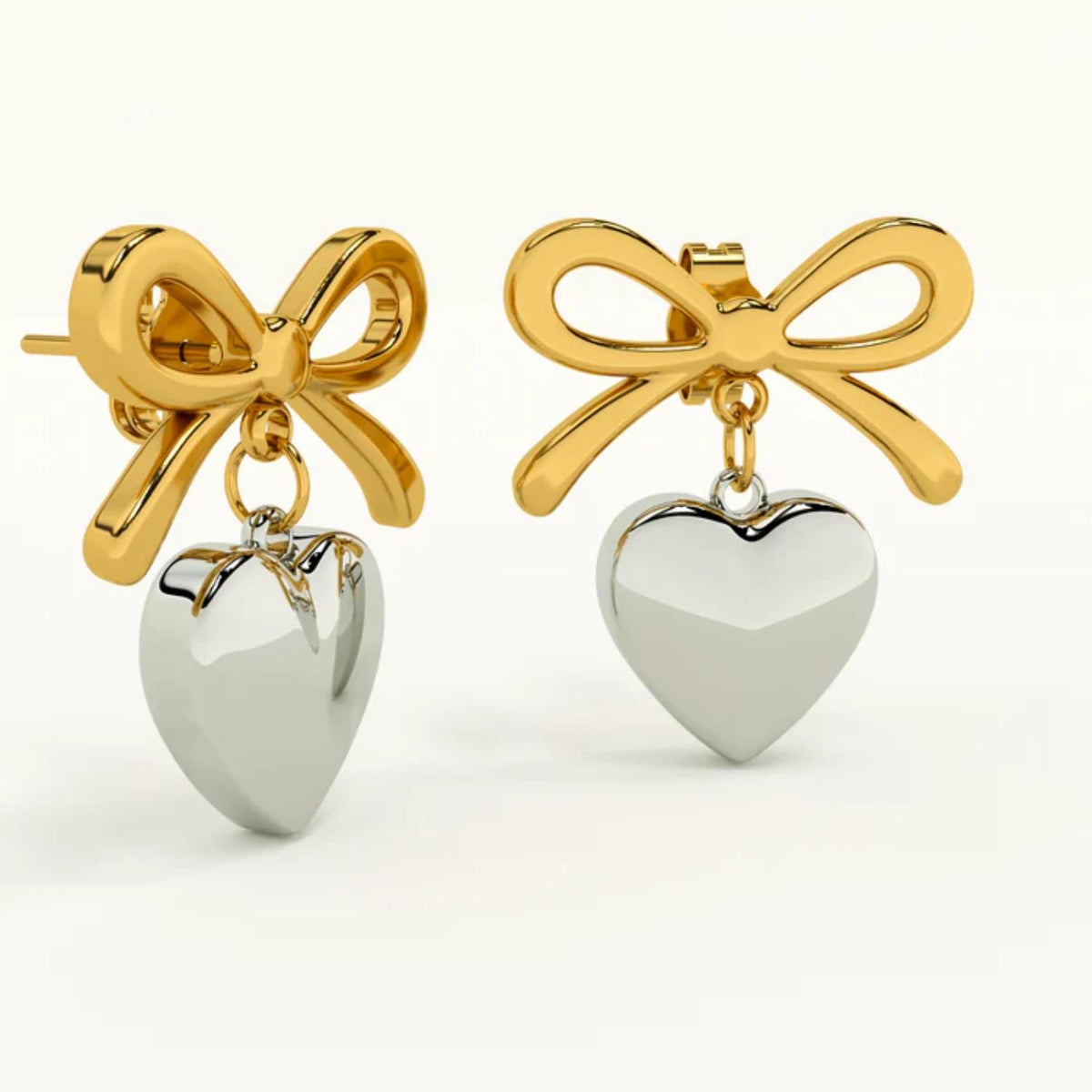 Two-Tone Bow Heart Drop Earrings – 925 Sterling Silver