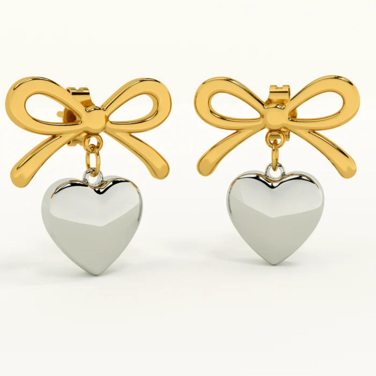 Two-Tone Bow Heart Drop Earrings – 925 Sterling Silver