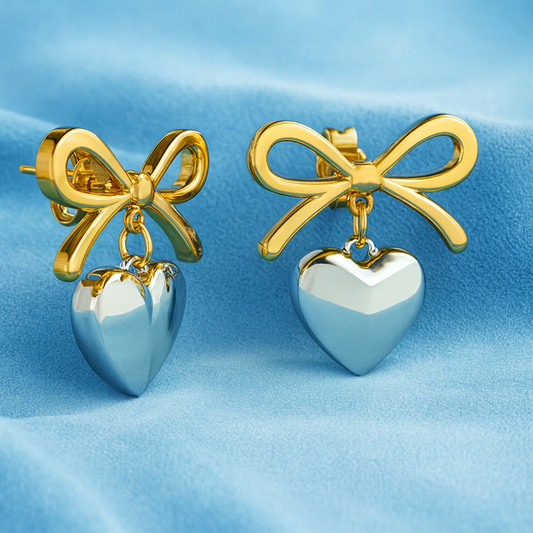 Two-Tone Bow Heart Drop Earrings – 925 Sterling Silver