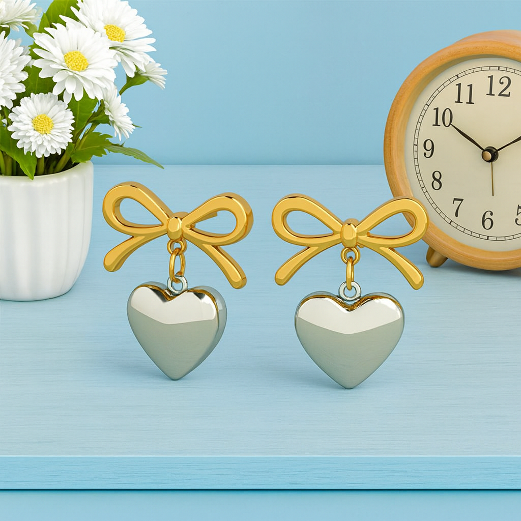 Two-Tone Bow Heart Drop Earrings – 925 Sterling Silver