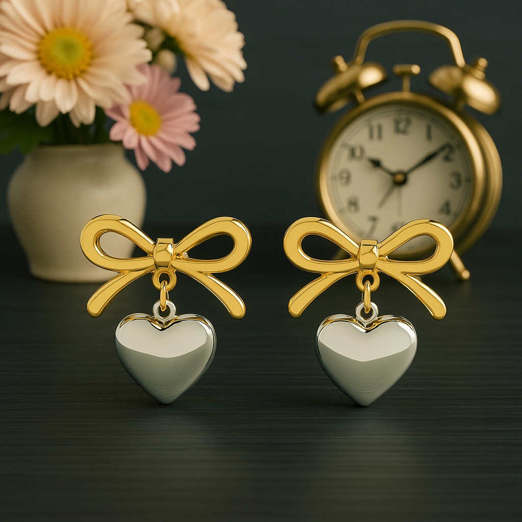 Two-Tone Bow Heart Drop Earrings – 925 Sterling Silver