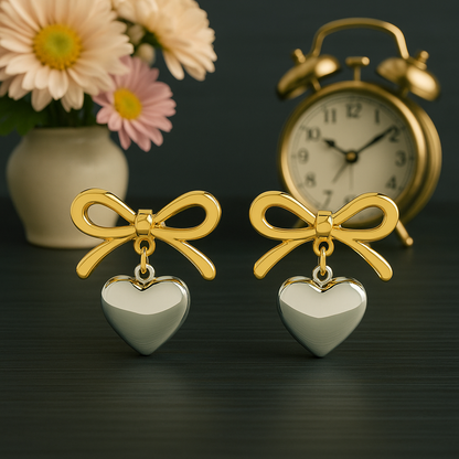 Two-Tone Bow Heart Drop Earrings – 925 Sterling Silver