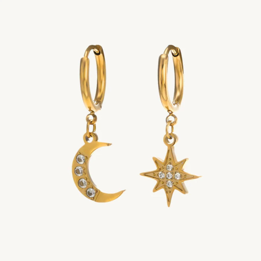 Moon and Star Mismatched CZ Drop Earrings – 925 Sterling Silver