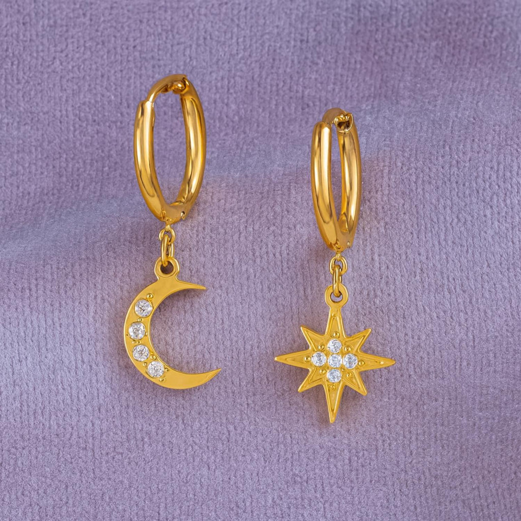Moon and Star Drop Dangle Earrings 925 Sterling Silver Yellow Plated