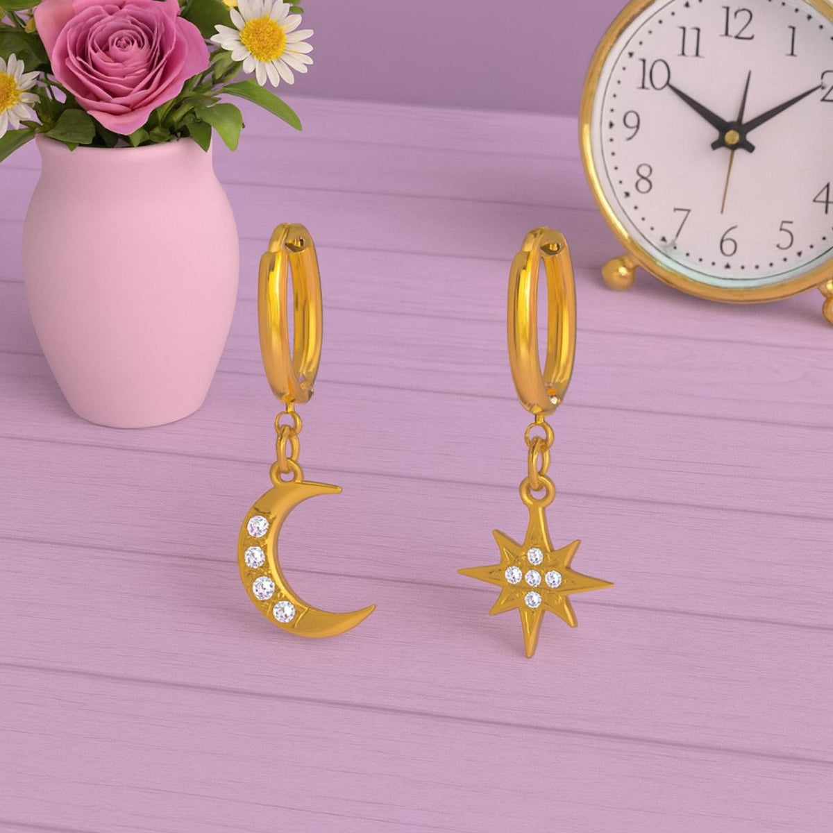 Moon and Star Mismatched CZ Drop Earrings – 925 Sterling Silver